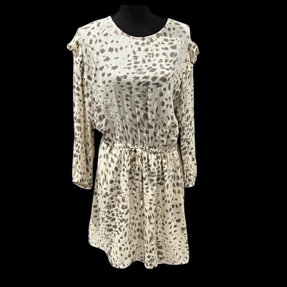 Rails Cream and Brown Patterned Long Sleeve Dress gartered waist tie size Large